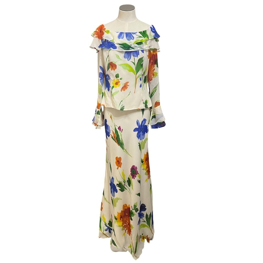 100% Silk Boho Fairy Chetta B. Floral 2Pc Off Shoulder Top Skirt Set Sz 10/8